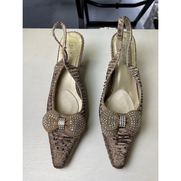 Sling Back Kitten Heels Champaign Embellished Bow Whimsical Dress Shoes Fairy - Picture 3 of 12